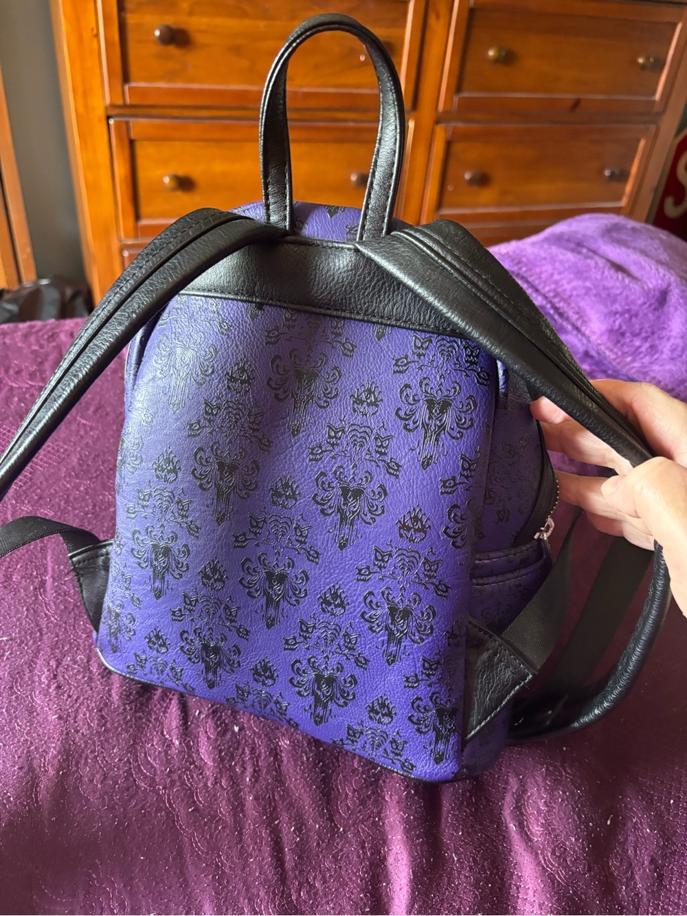 Loungefly Purple Mini Backpack with Black Damask Print - Picture 3 of 3